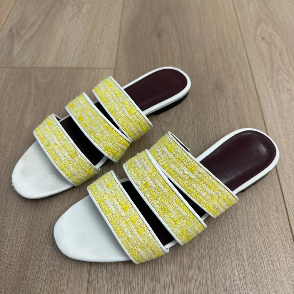 HH STAUD Yellow Tweed Triple Strap Slide Sandal White Leather Trim Flat Slide 38